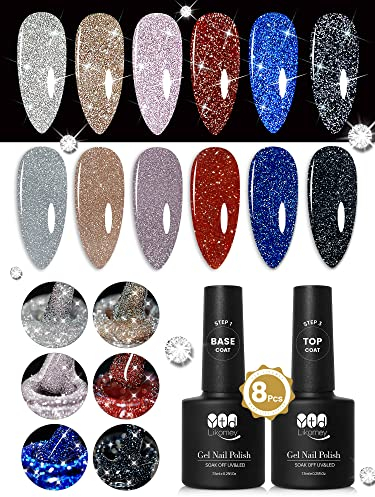 YTD Likomey UV Nagellack Glitzer Set,6 Farben Sparkle Funkelnd Shellac Nagellac mit Base und Top Coat Gellack Kit,Reflective Holographisch Diamant Gel Polish Maniküre,8 Pcs 7.5ml