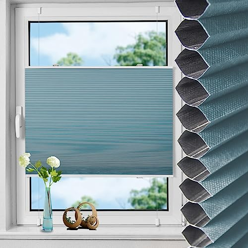 TFSKY Wabenplissee Plissee ohne Bohren Verdunkelung Klemmfix Zweifarbigz Weiß-Hellblau B90 x H120 cm Plissees Thermo Doppelplissee Verdunkelnd Verdunklungsplissee Sonnen- & Schallschutz für Fenster