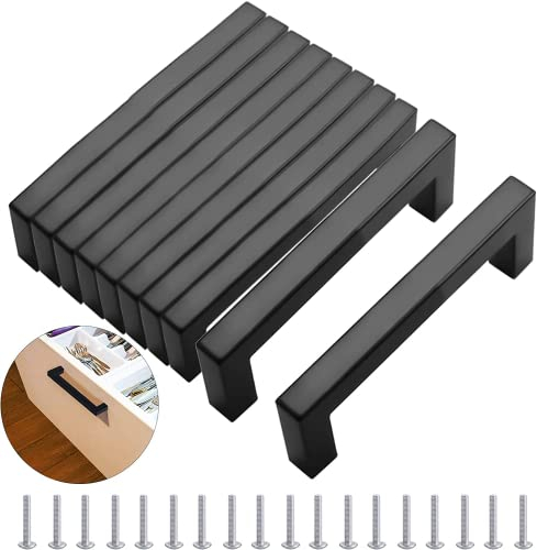 MEEQIAO 10 Stück Möbelgriffe Schwarz, 352 MM Modisch Edelstahl Quadrat Griffe, Schrankgriffe, mit 40 Schrauben, Mehrweg, für Küchen, Schubladen, Schrank, Möbel