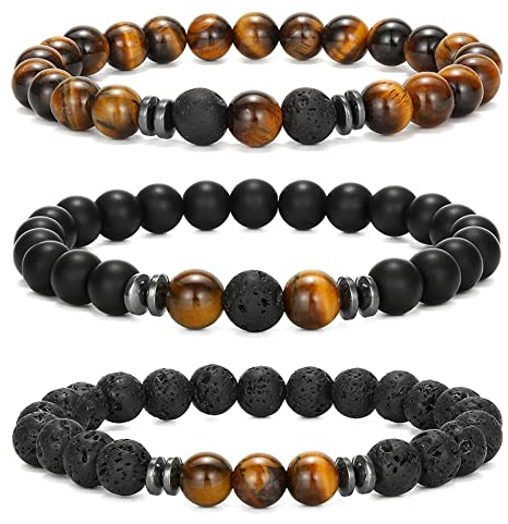 3pcs Heilende Chakra Perlenarmband Schutz Obsidian Bracelet Schwarzer Stein Armband Lavastein Armband Onyx Natursteinperlen Tigerauge Stein Kugelarmband 8mm für Glück Wohlstand Herren Freunde Damen