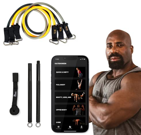 PAKAMA - Premium Widerstandsbänder Set inkl. Langhantel-Stange (Bar) für Home Workout & Krafttraining Zuhause - Resistance Bands in 20kg, 22kg und 24kg - Fitness-Bänder für bis zu 120kg Widerstand