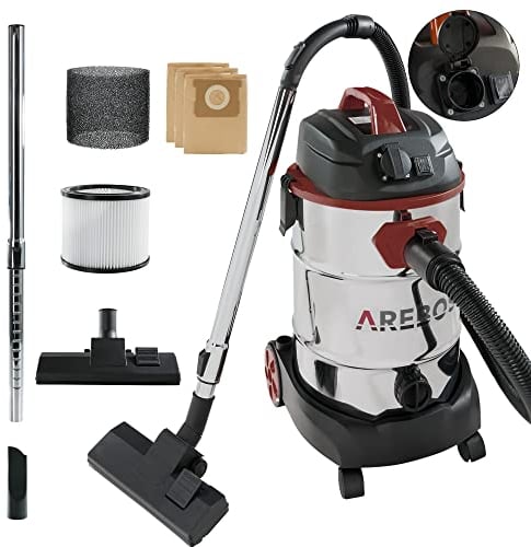Arebos industrial wet & dry vacuum cleaner 1600 W | Multipurpose ash and water vacuum for fireplace, grill, and workshop | 30 L stainless steel container | Red