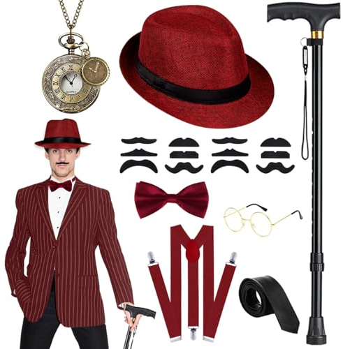 20er Jahre Kostüm Herren Accessoires, Faltbarer Krücken Metall, Fedora Hut,Taschenuhr, Metallbrille, Fliege, Hosenträger, Mafia Kostüm 1920S Gangster Made China