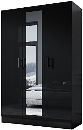 ELEGANT 3 Door Mirrored Wardrobes with Hanging Rail and Storage Shelves Modern Large Clothes Cabinet for Bedroom Furniture, High Gloss Black
