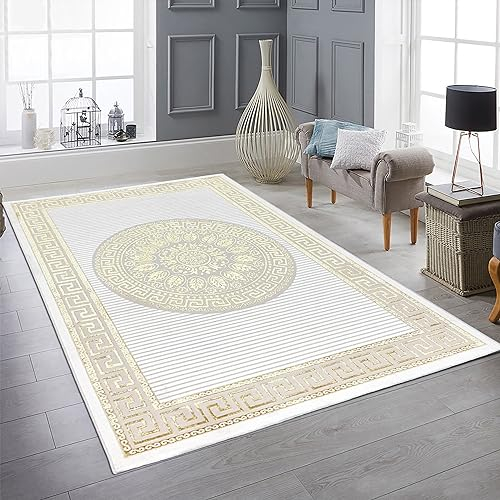 Teppich-Traum Teppich Wohnzimmer Schlafzimmer Kurzflor orientalisch elegant edel Ornamente Glanzeffekt Mäander Creme Gold 140 x 200 cm