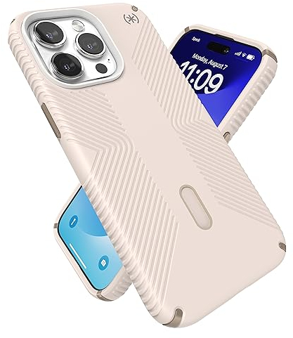 Speck iPhone 15 Pro Max Hülle – ClickLock rutschfeste Interlock, gebaut für MagSafe, Fallschutzgriff – Soft Touch 6,7 Zoll Handyhülle – Presidio2 Grip Bleached Bone/Erbstück Gold/Haselnussbraun