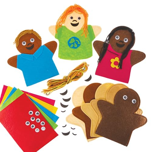 Baker Ross FX931 Vielfalt-Filz-Handpuppen-Sets - Packung mit 5, Kunsthandwerkssets für Kinder, Schulprojekte