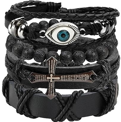 MILAKOO Armband aus Leder, Schwarz, Braun, geflochten, breit, für Frauen und Männer, Punk, Schmuck, Totenkopf, Longueur réglable de 19,1 à 24,1 cm, Stein aus Metall und Leder, Kein Edelstein