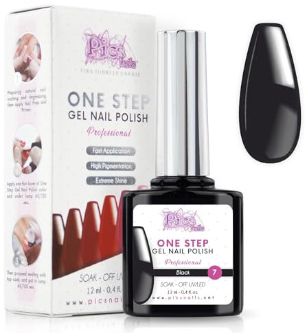 Smalto Semipermanente Unghie One Step Uv/Led 12 ml - Nero - Smalto Unghie Gel - Unghie Subito Brillanti Con o Senza Base e Top Coat
