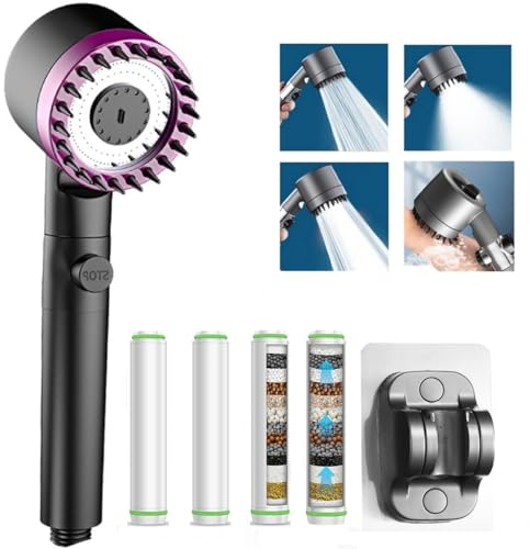 dshyuauoci Soffione Doccia Anticalcare, Doccia Soffione con 4 Filtri e Una Base Senza Perforazione 3 Modalità Spray Telefono Doccia Anticalcare a Risparmio Idrico Nero