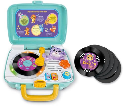 VTech - Música y Sonidos Tocadiscos bailón, Reproductor Infantil Interactivo, 5 Discos Doble Cara con Animalitos, Frases y Canciones, Enseña Estilos Musicales, Maletín portátil, Versión ESP
