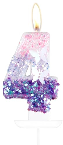 Schmetterling Zahl 4 Kerzen für Kuchen, 4 Geburtstag Schmetterling Kuchen Kerzen Cake Topper Mädchen 4 Geburtstag Kuchen Dekorationen, Lila Rosa Schmetterling Geburtstagskerzen, Lila Schmetterling