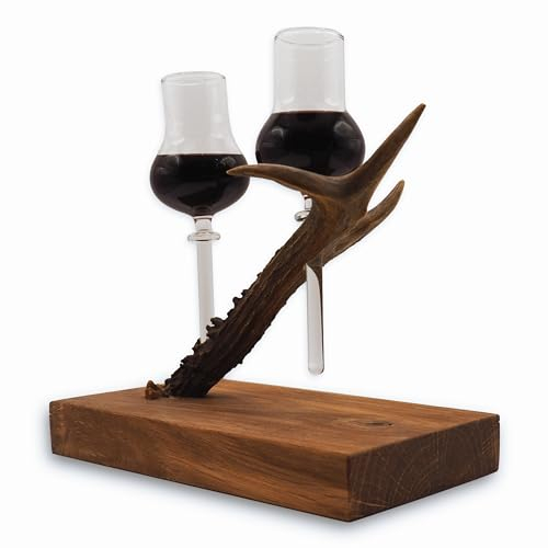 Generisch Geschenk Jäger • Absacker Servierbrett • Whisky Set für Männer • Schnapsbrett Rehgeweih mit 2 Schnapsgläsern ohne Boden • Jagdprüfung