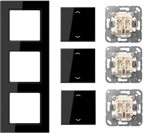 Jung Jalousieschalter Set Schwarz Serie A mit AC583SW Rahmen 3fach + 3x 509VU Jalousie-Wippschalter + 3x A595PSW Wippe f. Jalousie-Schalter/-Taster (Duroplast)