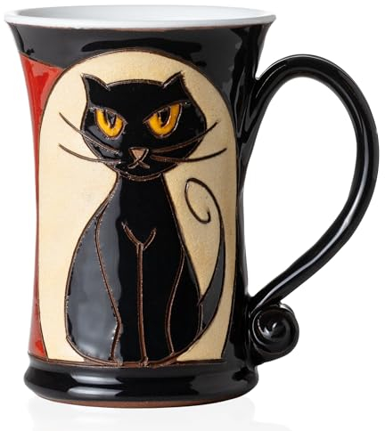 Felisteya Wheel-Thrown Handmade Mugs – Artisan Pottery Black Cat Mugs, 320ml Ceramic Coffee Mug for Women and Men, Cat Lovers Gift Mug, Your Tea Mug – Model 1