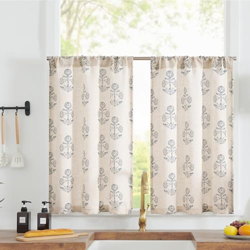 TOPICK Floral Küchengardinen Schiebevorhänge Licht Filter Kurze Fenster Vorhänge Französisch Bauernhaus Leinenoptik Kleine Fenster Bistrogardine für Wohnzimmer Küche 65B x 90H(cm) 2 Platten Blau