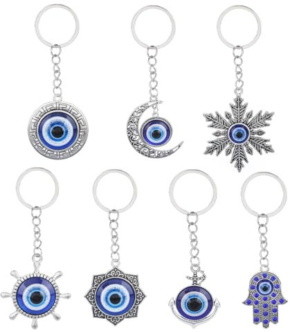 WatDenyFine 7 Stück Evil Eye Schlüsselanhänger Blaue Augen Schlüssel Anhänger Lucky Charms Mond Anhänger Schlüssel Glücksbringer Schlüsselanhänger Schneeflocke Glücksgeschenk Geschenke