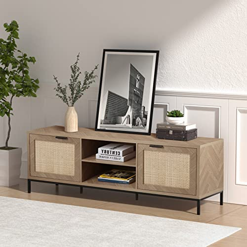 Yvsevnr TV Schrank, TV Lowboard, TV Möbel mit 2 Schränken und 2 Regale,150 cm Lang, TV Board für Fernseher bis zu 65 Zoll, Rattan Tür, Landhausstil, Metallgestell, Fernsehtisch für Wohnzimmer