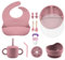 SHGMEET Silikon Baby Geschirrset, Baby-Fütterungsutensilien, Baby-Saugnapf, Teller, Lätzchen, Löffel-Set, Baby-geführtes Entwöhnungszubehör, Spülmaschinenfest (Rosa)