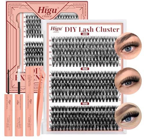 Higu clace DIY Wimpern-Extensions, 280Pcs 30D+40D+50D Wimpern-Einzeln-Set, Wimpern-Extensions-Set-7-tage halt mit Applikator und Wimpernkleber und Versiegelung (30D+40D+50D Kit)