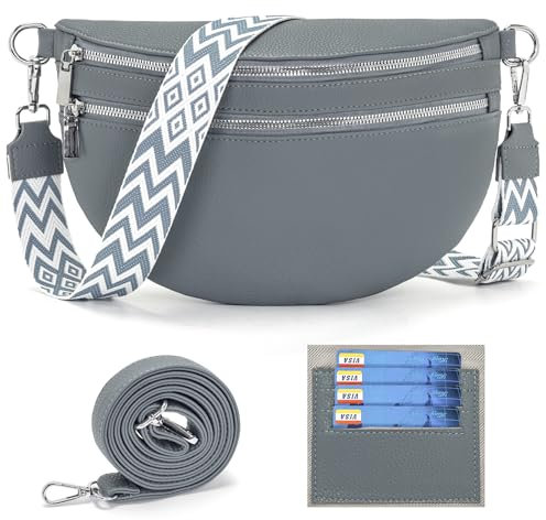 LANXINGLUO Bauchtasche Damen groß umhängetasche Damen Gross Crossbody Bag Damen Mit Kreditkartenfach und 2 Schultergurten Handtasche Damen Graublau