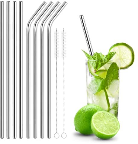 Lavishly Reusable Stainless Steel Metal Straws Set - 4 Straight & 4 Bent Straws + 2 Cleaning Brushes | Eco-Friendly, BPA-Free, Non Disposable Drinking Straws for Hot & Cold Beverages (Silver)