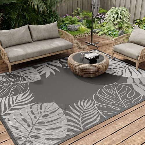 SIXHOME Alfombra de Exterior Impermeable 180 * 270cm, Alfombra de Jardín Reversible para Terraza Balcón, Camping, Picnic, Patio Trasero, Lavable Resistente a Los Rayos UV, Gris