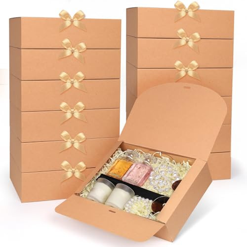GXFCING 12 Pack Brown Gift Boxes with Lids 27 x 20 x 8 cm Large Bridesmaid Proposal Present Box Rectangular Party Favor Packaging Boxes with Gold Ribbon for Wedding Birthday Christmas Festival