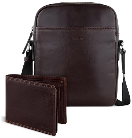 bugatti Savona Set Schultertasche & Geldbörse aus Büffelleder, Geldbeutel RFID-Schutz, Umhängetasche & Portemonnaie mit Stoffbeutel, braun