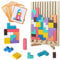 Wooden Stacking Puzzle Toy, Colorful Geometric Blocks, 3D Brain Toy with 10 Cards, Wooden Puzzles Game Puzzle Set, Montessori Intelligence Russian Blocks Game Gift for Boys and Girls