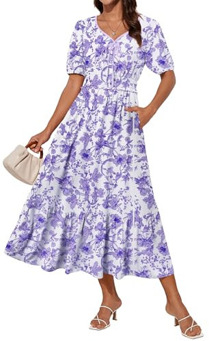 GRACE KARIN Abito estivo da donna, elegante, a maniche corte, con scollo a V, in vita elasticizzata, fiori lilla, M