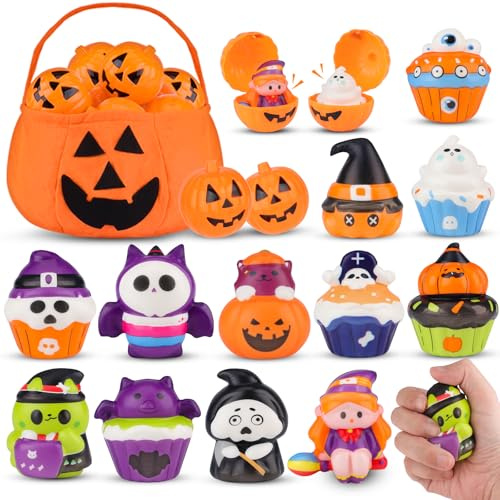 24 Stück Halloween Mitgebsel - 12 Squishy Spielzeug + 12 Kürbis-Hüllen als Gastgeschenke für Kinder, Pinata Füllung Kindergeburtstag, Halloween Give Aways für Goodie Bags