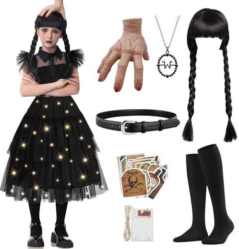 YOOHBERRYS Wednesday Kostüm Kinder, Halloween Mittwoch Kostüm mit Lichtern | Wednesday Family Cosplay Kostüm mit Perücke, Fake-Hand, Socken, Halskette & Aufklebern, Gotisches Kleid für Mädchen, Karneval