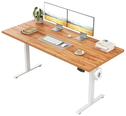 Klicelor Electric Standing Desk, 2 Memory Buttons for stand & sit, 160x60 | Height Adjustable Desk for smart Pannel, 72-116cm, Sit Stand Desk with 2 Hooks, Home Office Desk, 3 pcs Desktops, Lightbrown