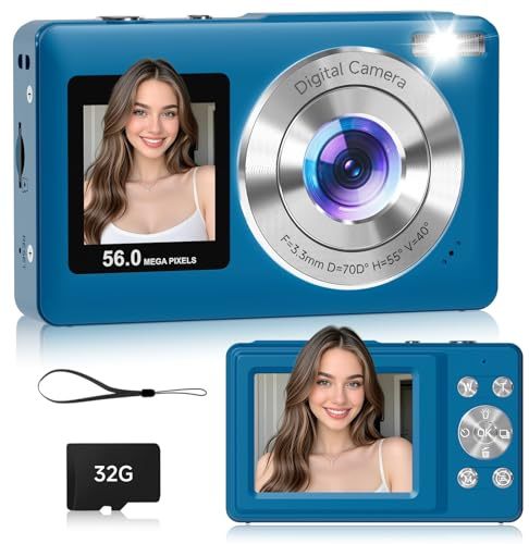 Digital Camera,56MP Dual-Screen Point and Shoot Camera with Auto Focus,Smile Capture,Anti-Shake,16X Zoom,32GB SD Card Digicam Gift for Boys Girls Teens