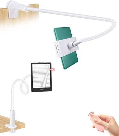 QIWAS Gooseneck Tablet Holder for Kindle Reading in Bed with Remote Page Turner, Lazy Arm Stand for Kindle Accessories Paperwhite Colorsoft Scribe, Ereader Accessory with Clicker Page Turner