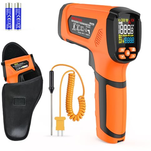 Termometro a Infrarossi MESTEK Digitale Laser Alta Temperatura Pirometro -40°C~2000°C con K-Probe Senza Contatto LCD Regolabile Emissività Allarme per Cucina Forgia Industriale HVAC Forno(Arancione)