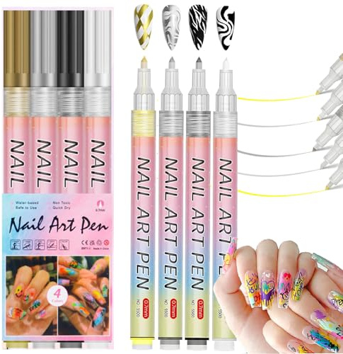 4 Colors Metallic Nail Art Pen Set – Black, White, Gold & Silver, 0.7mm Fine Tip Acrylic Paint Markers for DIY Nail Painting, Quick-Dry Waterproof Polish Pens for Detailed Designs at Home