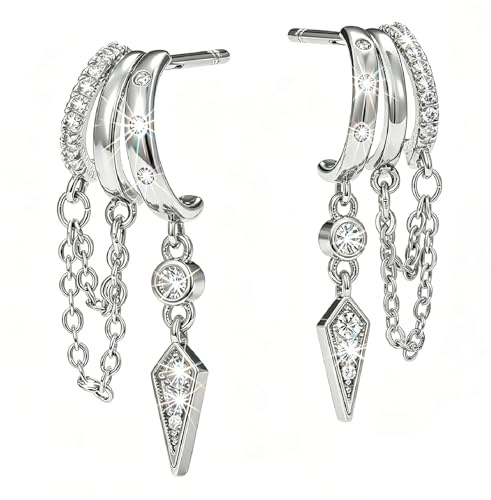 2PCS Small Hoop Earrings for Women, Triple Small Opening Ring Type Silver Earrings for Women, Simple and Exquisite Tassel Chain Hanging Style Hypoallergenic Earings Gifts for Friends