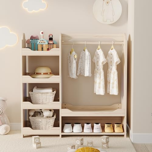 vutizal Garderobenschrank Kinderzimmer mit Kleiderstange & 4 Regalen Kieferholz MDF Natur 110x39x110cm Montessori Stauraum