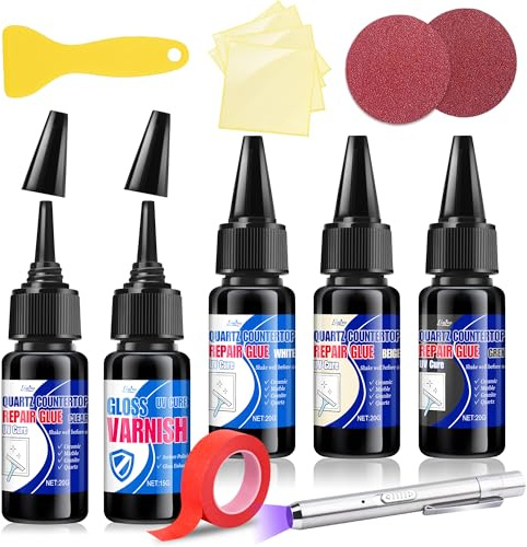 Fliesen Reparaturset - 4 in 1 (Klar, Weiß, Grau, Beige) - UV-Schnellhärtende Keramik Reparatur für Quarz, Marmor, Granit, Acryl, Fiberglas, Fliesen, Keramik, Porzellan, Arbeitsplatten-Reparaturset