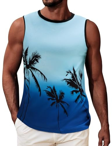Lonya Mens Top Vest Sleeveless T Shirt Summer Palm Tree Hawaiian Printed Round Neck Beach Holiday Vests Sport Gym Fitness Tank Top