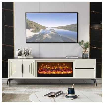Caminetto a Nebbia Mobile TV moderno con inserto for camino fiamma realistica, consolle mobiletto portaoggetti e cassetti, bianco