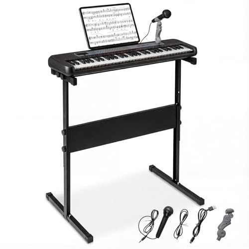 FANTASK Pianoforte digitale a 61 tasti, tastiera per bambini con supporto regolabile, microfono e leggio, pianoforte elettronico per bambini con suoni, demo e ritmi, per bambini dai 3 anni in su, nero