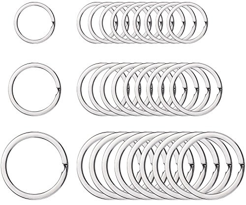Outus pack of 30 round flat, silver, metal key rings, for house, car, keys, organising, 3/4 inch, 1 inch and 1.25 inch.