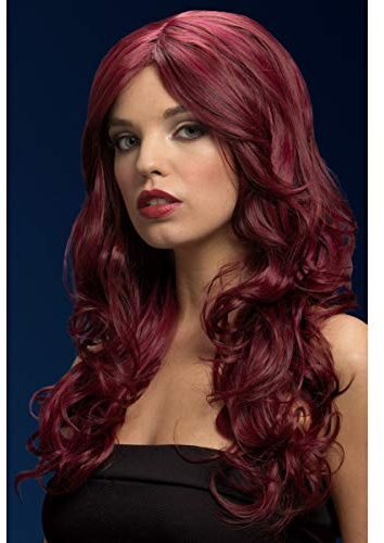 Smiffys Fever Nicole Wig, Red Cherry, Red Soft Wave with Side Parting, 26inch/66cm, Fever Wigs Fancy Dress, Fever Dress Up Wigs