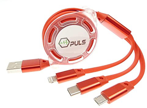 Rollin Multi USB Handy-Ladekabel rot ★ ausziehbar / einziehbar 1,5m rollbar ✓ Ideal für unterwegs im Auto ✓ Multi-Stecker Anschlüsse / Universal-Stecker Kombi / Mehrfach-Stecker ✓ ohne Datenleitung