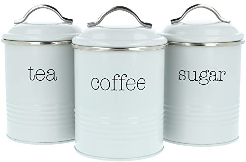 com-four® 3x Vorratsdosen im Vintage Design, Runde Kaffeedose aus Metall mit Aromaverschluss, Nostalgie Kaffee, Zucker und Teedose im Set (03 Stück - 1000ml grau)