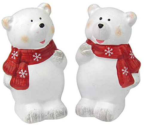 Weihnachtsfiguren - Weihnachtsdeko - 2er Set Dekofiguren aus Keramik, Handbemalt (Eisbär mit rotem Schal)