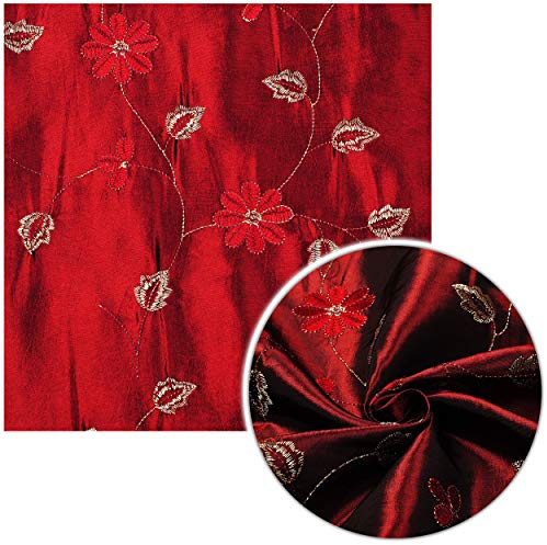 Stoff - Meterware am Stück - TAFT - Taftstoff/edler Feststoff - dunkel rot - Glitzer & Glimmer - aufgestickte Blumen & Blüten - Stoffe Muster Kleiderstoff M..